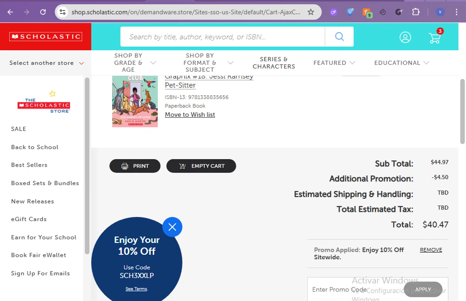Scholastic US promo code screenshot showing code SCH3XXLP applied at Scholastic US checkout page. Uploaded by SimplyCodes community member beatrizcastillo on Feb 11, 2026