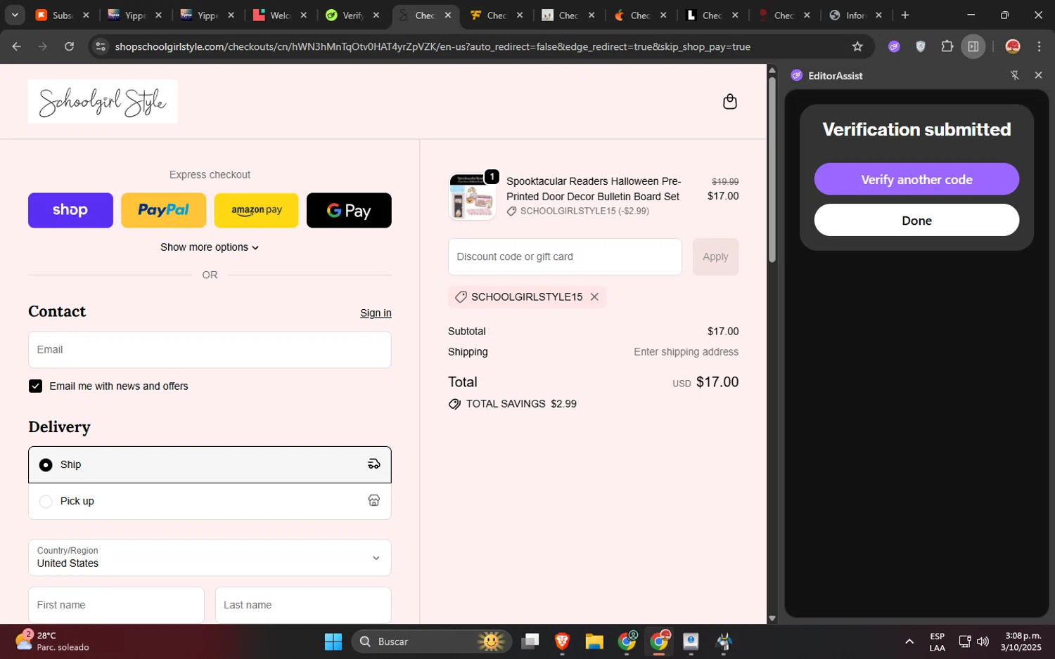 Schoolgirl Style coupon code screenshot showing code schoolgirlstyle15 applied at Schoolgirl Style checkout page. Uploaded by SimplyCodes community member GloriousWizard5474 on Oct 3, 2025