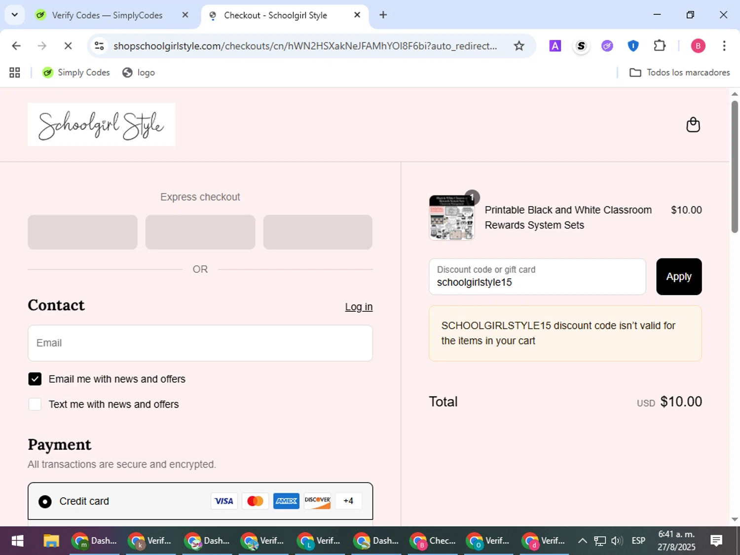 Schoolgirl Style coupon code screenshot showing code schoolgirlstyle15 applied at Schoolgirl Style checkout page. Uploaded by SimplyCodes community member bombontropical on Aug 27, 2025