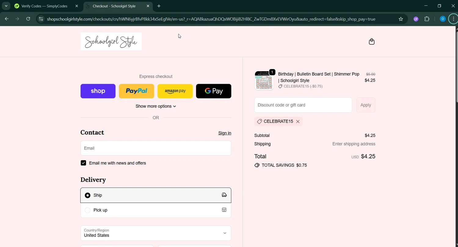Schoolgirl Style coupon code screenshot showing code celebrate15 applied at Schoolgirl Style checkout page. Uploaded by SimplyCodes community member GoldAdmiral5202 on Dec 29, 2025