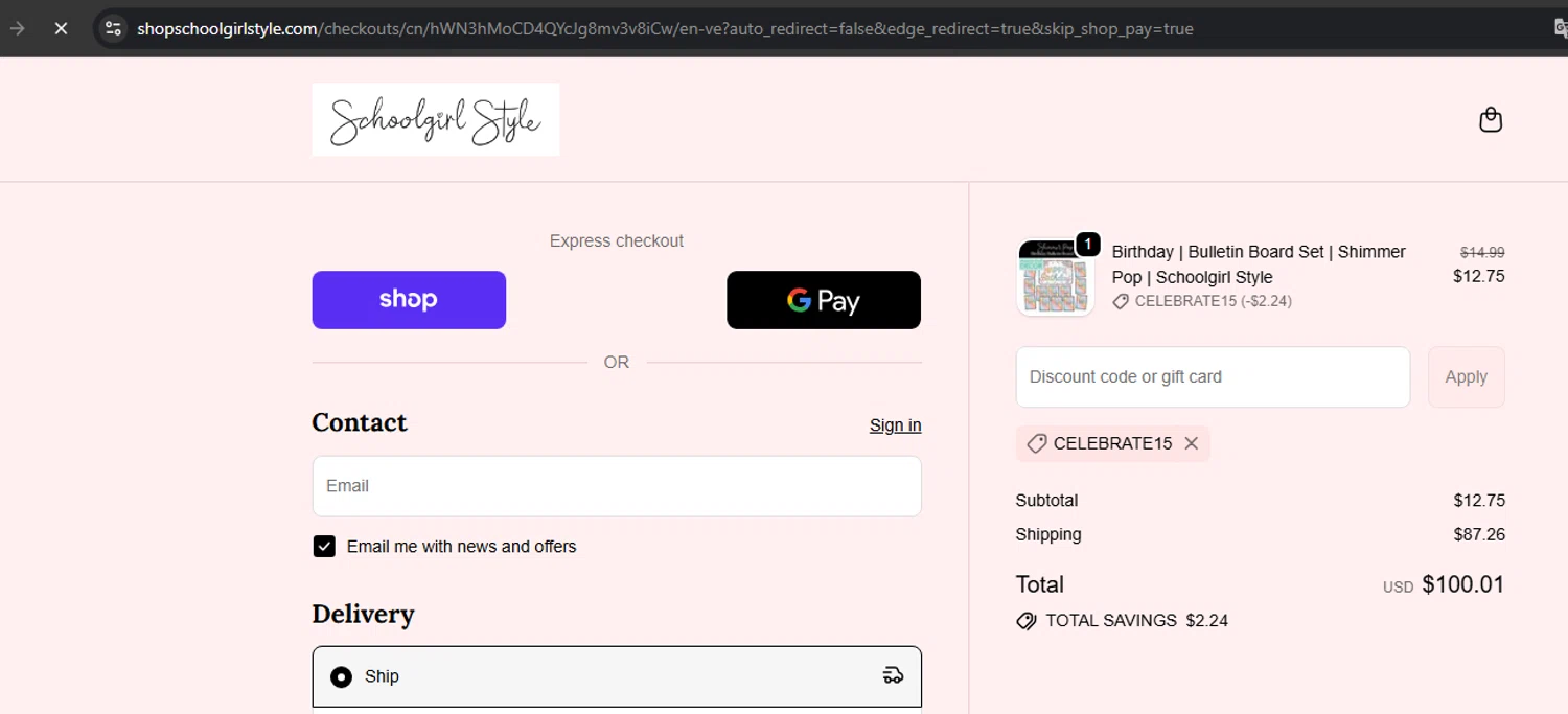 Schoolgirl Style coupon code screenshot showing code celebrate15 applied at Schoolgirl Style checkout page. Uploaded by SimplyCodes community member Kony24 on Oct 3, 2025