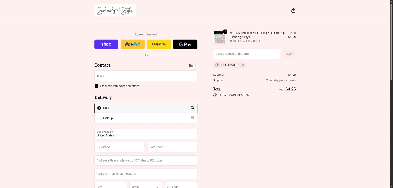 Schoolgirl Style coupon code screenshot showing code celebrate15 applied at Schoolgirl Style checkout page. Uploaded by SimplyCodes community member PromoElite4745 on Dec 29, 2025