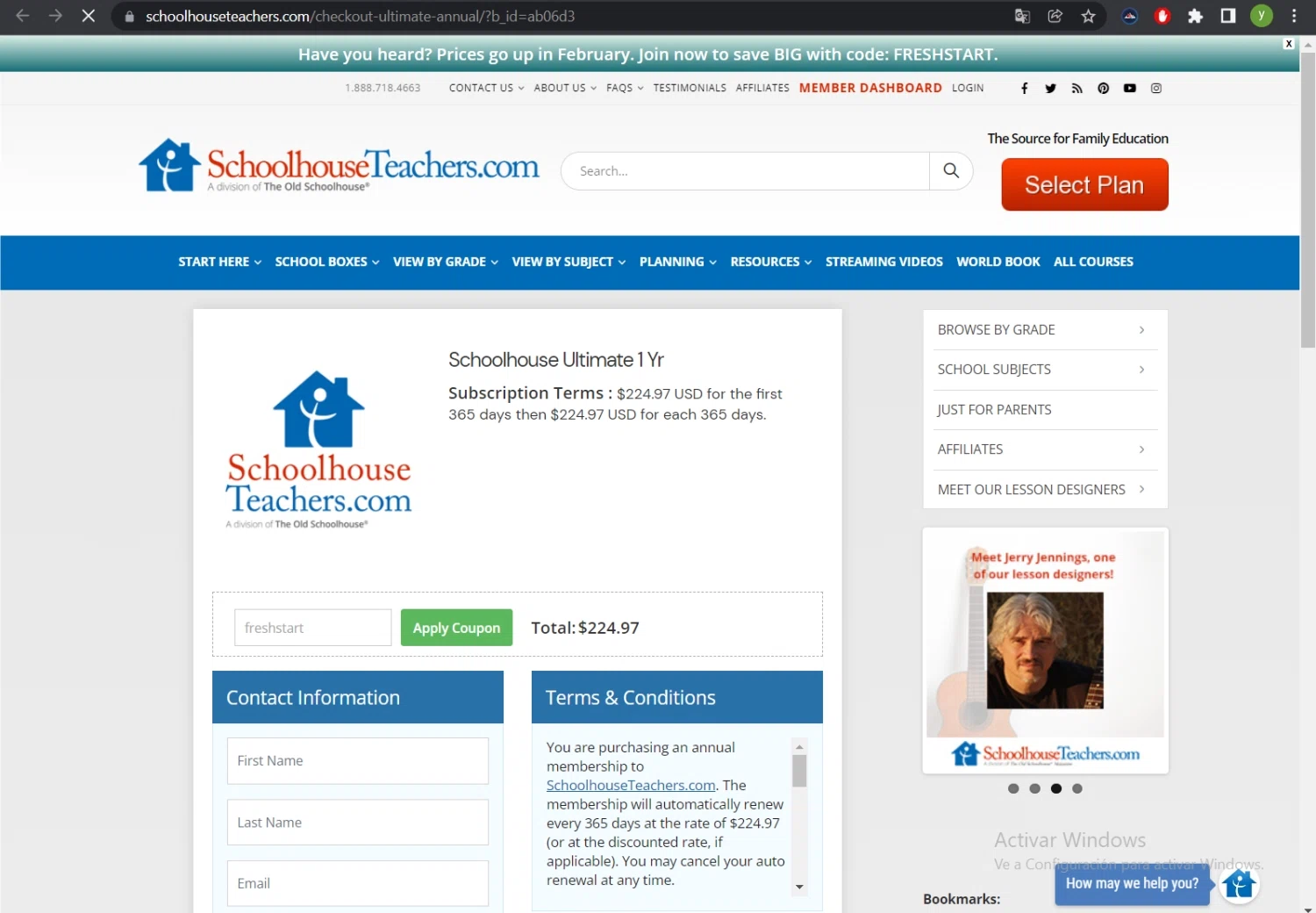 SchoolhouseTeachers checkout page showing SchoolhouseTeachers promo code box | Screenshot taken by SimplyCodes community member on Jan 12, 2022