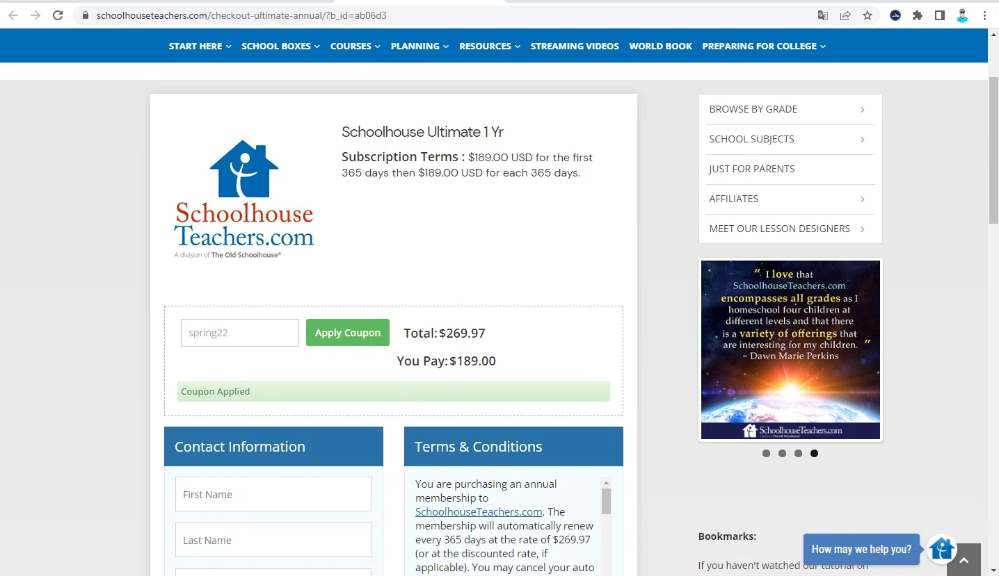 SchoolhouseTeachers checkout page showing SchoolhouseTeachers promo code box | Screenshot taken by SimplyCodes community member on Apr 12, 2022