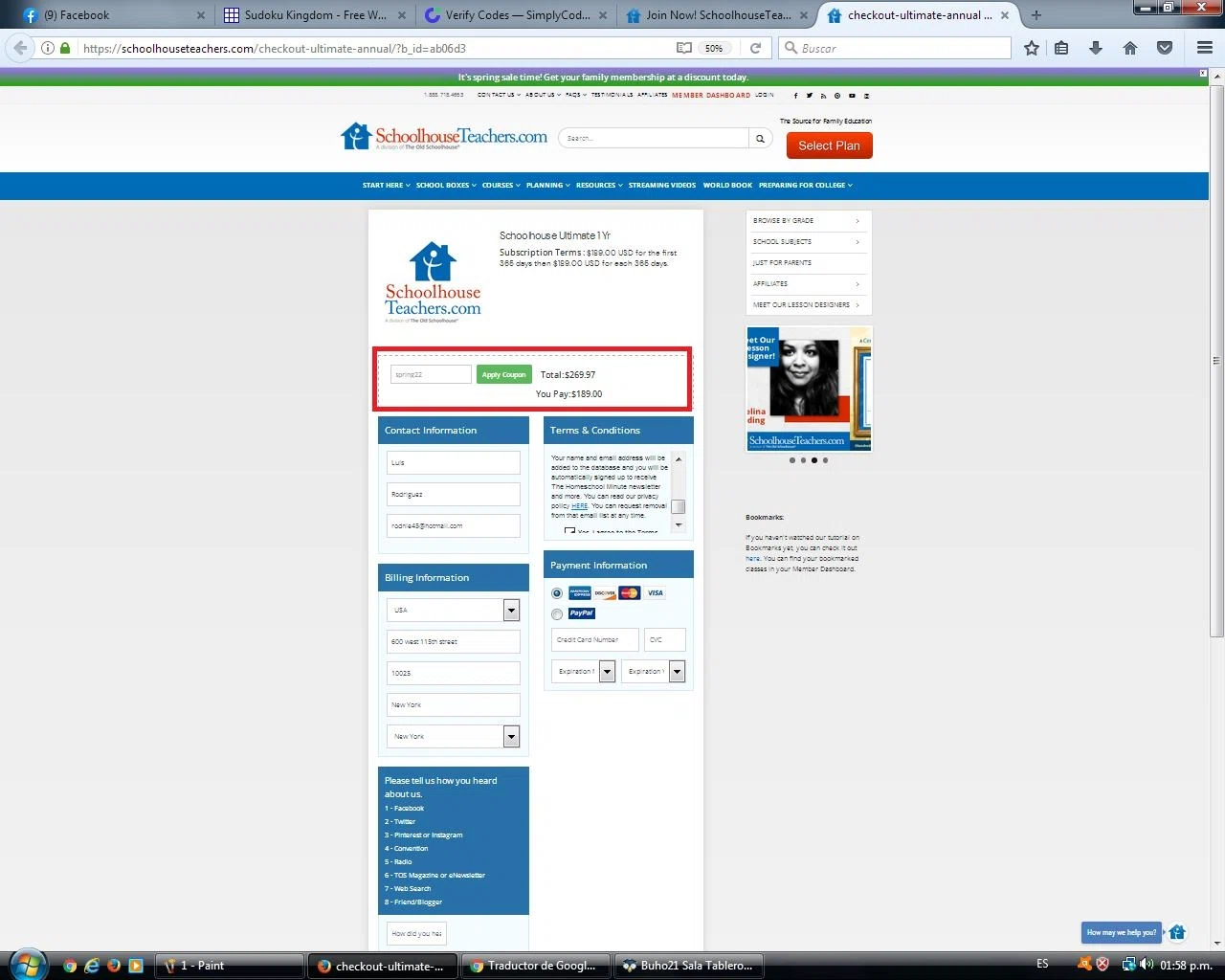 SchoolhouseTeachers checkout page showing SchoolhouseTeachers promo code box | Screenshot taken by SimplyCodes community member on May 12, 2022