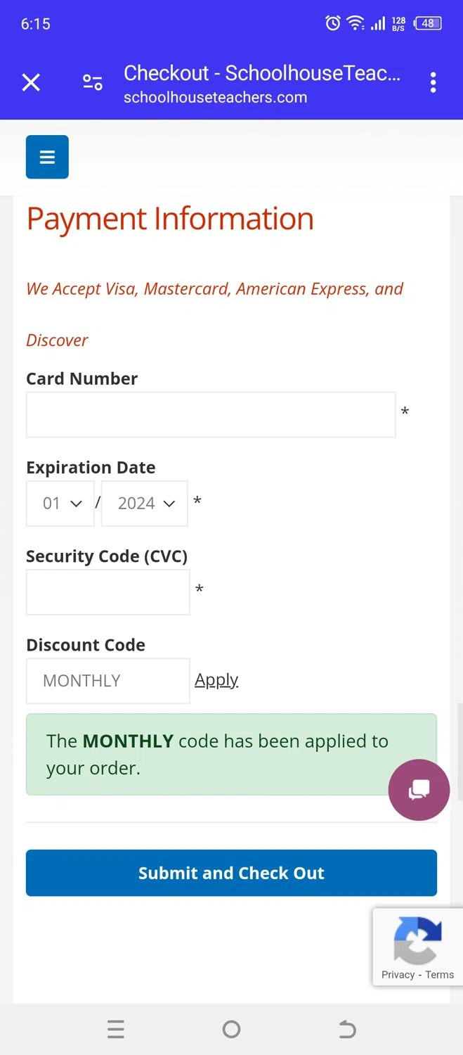 SchoolhouseTeachers checkout page showing SchoolhouseTeachers promo code box | Screenshot taken by SimplyCodes community member on May 19, 2024