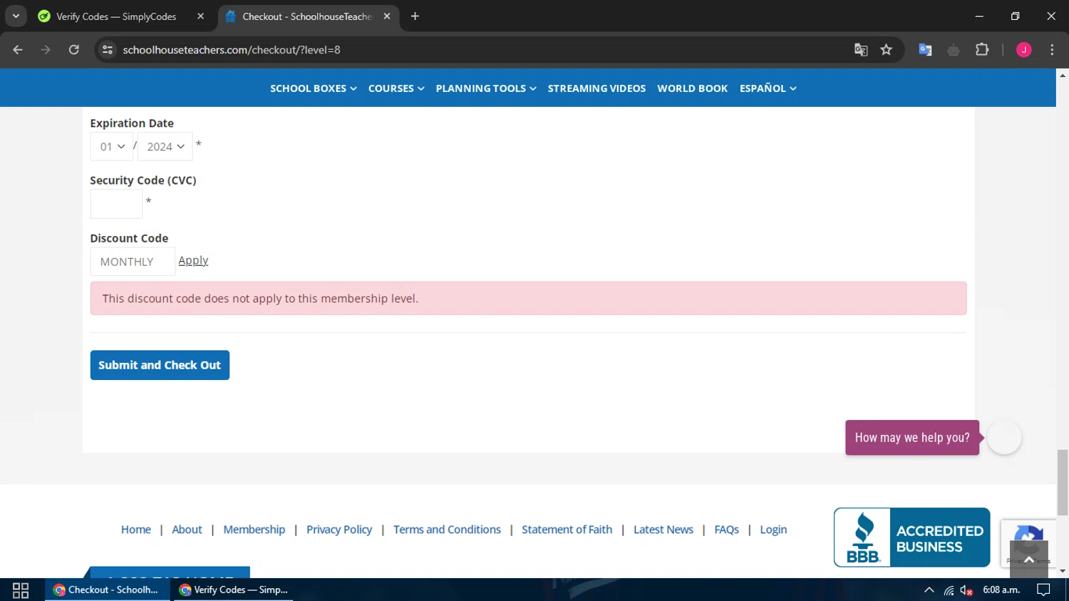 SchoolhouseTeachers checkout page showing SchoolhouseTeachers promo code box | Screenshot taken by SimplyCodes community member on Jun 17, 2024