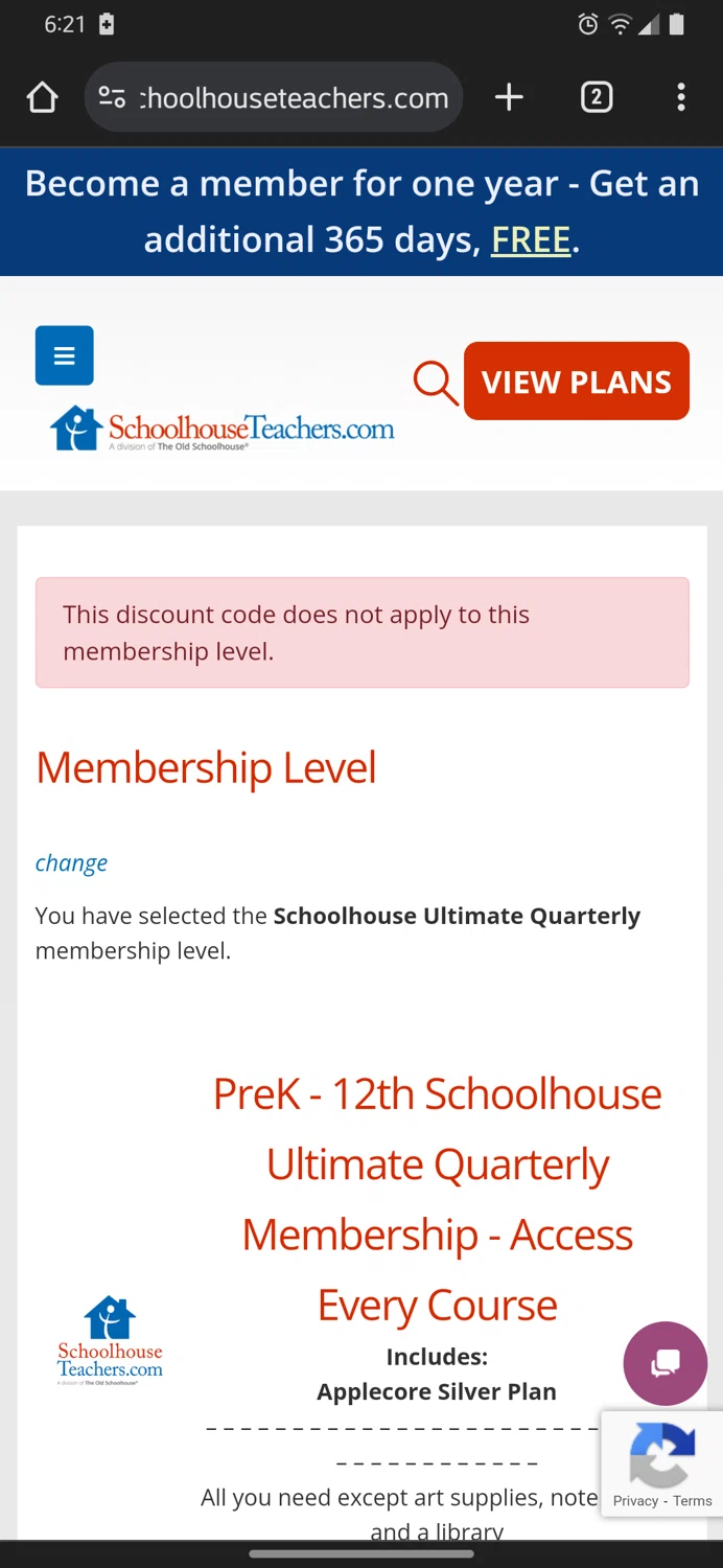 SchoolhouseTeachers checkout page showing SchoolhouseTeachers promo code box | Screenshot taken by SimplyCodes community member on Aug 14, 2024