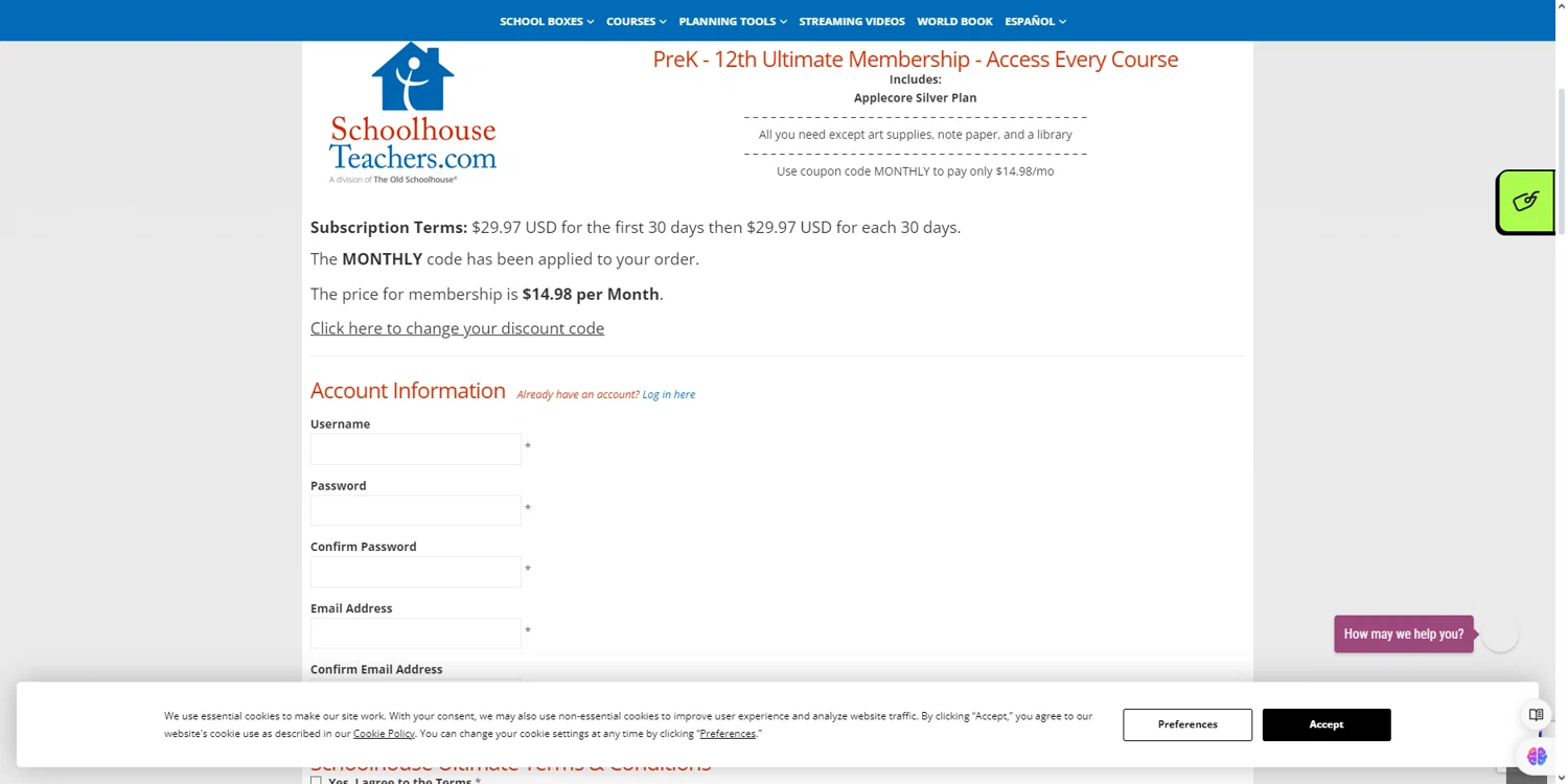 SchoolhouseTeachers checkout page showing SchoolhouseTeachers promo code box | Screenshot taken by SimplyCodes community member on Apr 20, 2024