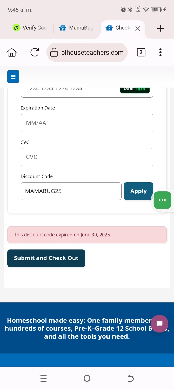 SchoolhouseTeachers promo code screenshot showing code MAMABUG25 applied at SchoolhouseTeachers checkout page. Uploaded by SimplyCodes community member SavingsWarden235 on Jul 3, 2025