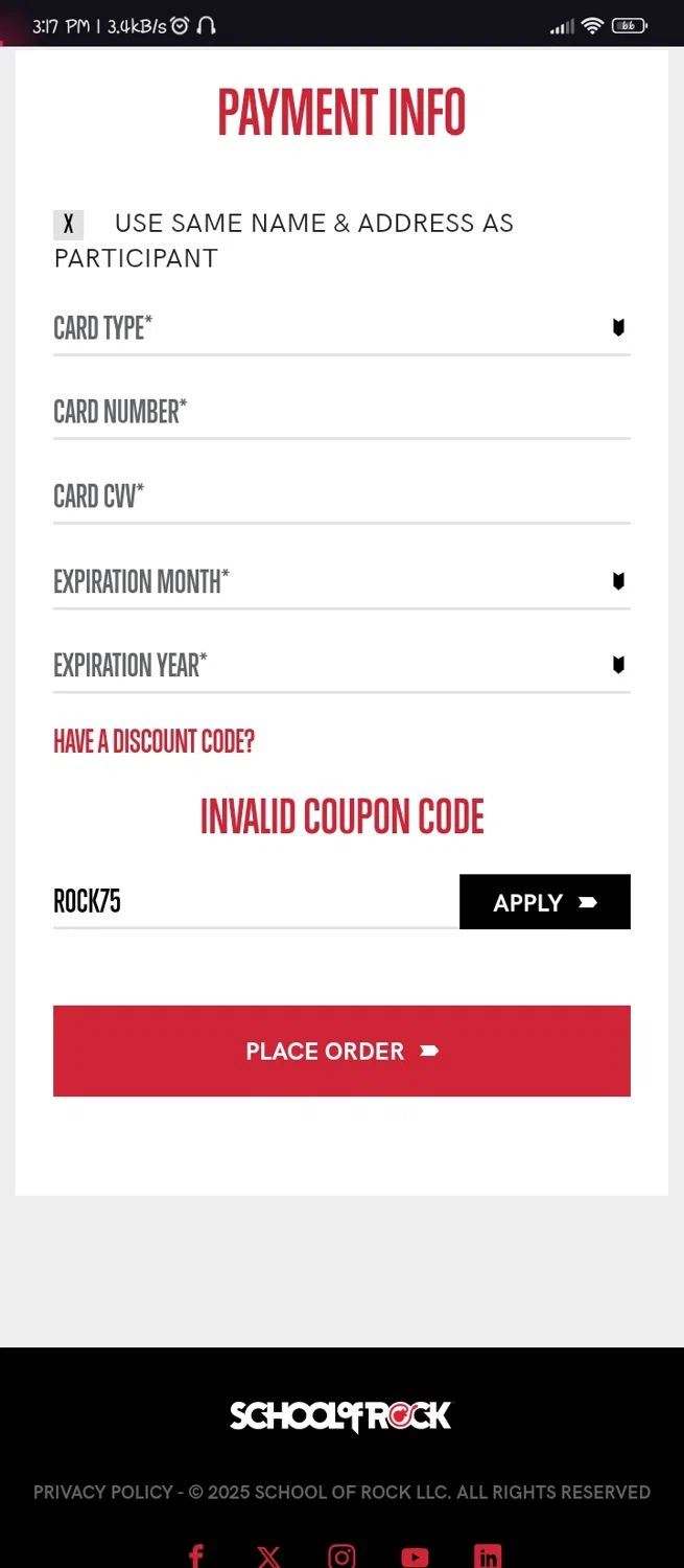 School of Rock discount code screenshot showing code ROCK75 applied at School of Rock checkout page. Uploaded by SimplyCodes community member Cynoxx on Apr 1, 2025