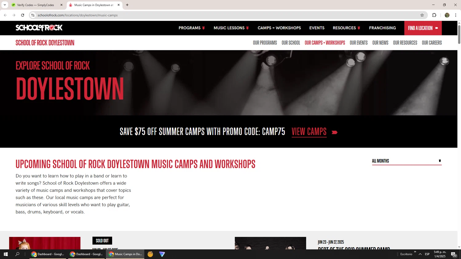 School of Rock discount code screenshot showing code ROCK75 applied at School of Rock checkout page. Uploaded by SimplyCodes community member Phoenix585 on Apr 1, 2025