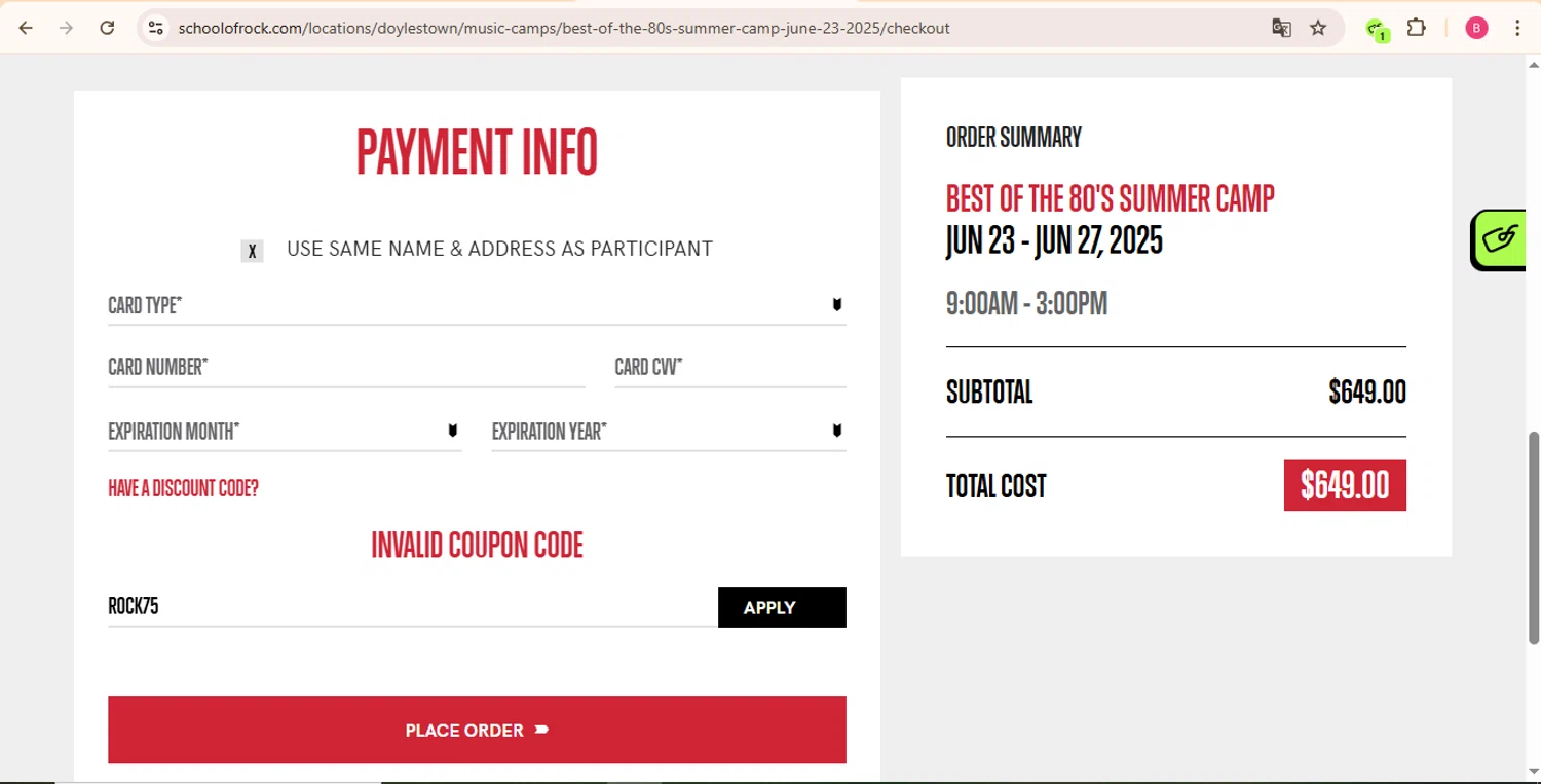 School of Rock discount code screenshot showing code ROCK75 applied at School of Rock checkout page. Uploaded by SimplyCodes community member LuckyPhoenix2144 on Apr 1, 2025