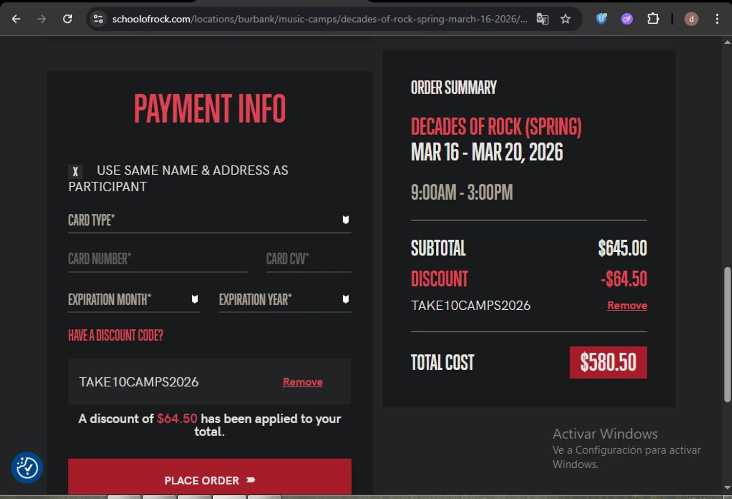 School of Rock discount code screenshot showing code TAKE10CAMPS2026 applied at School of Rock checkout page. Uploaded by SimplyCodes community member BargainVirtuoso4670 on Feb 18, 2026