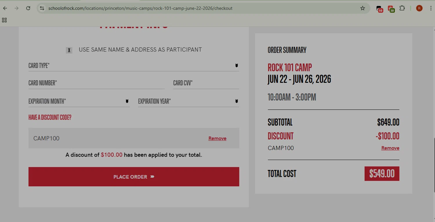 School of Rock checkout page showing School of Rock discount code box | Screenshot taken by SimplyCodes community member on Feb 7, 2026