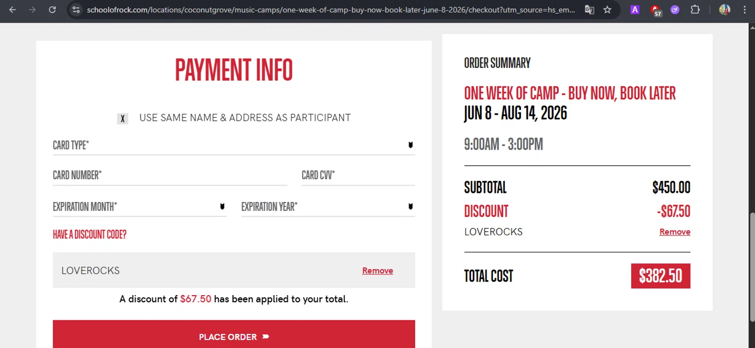 School of Rock checkout page showing School of Rock discount code box | Screenshot taken by SimplyCodes community member on Feb 18, 2026