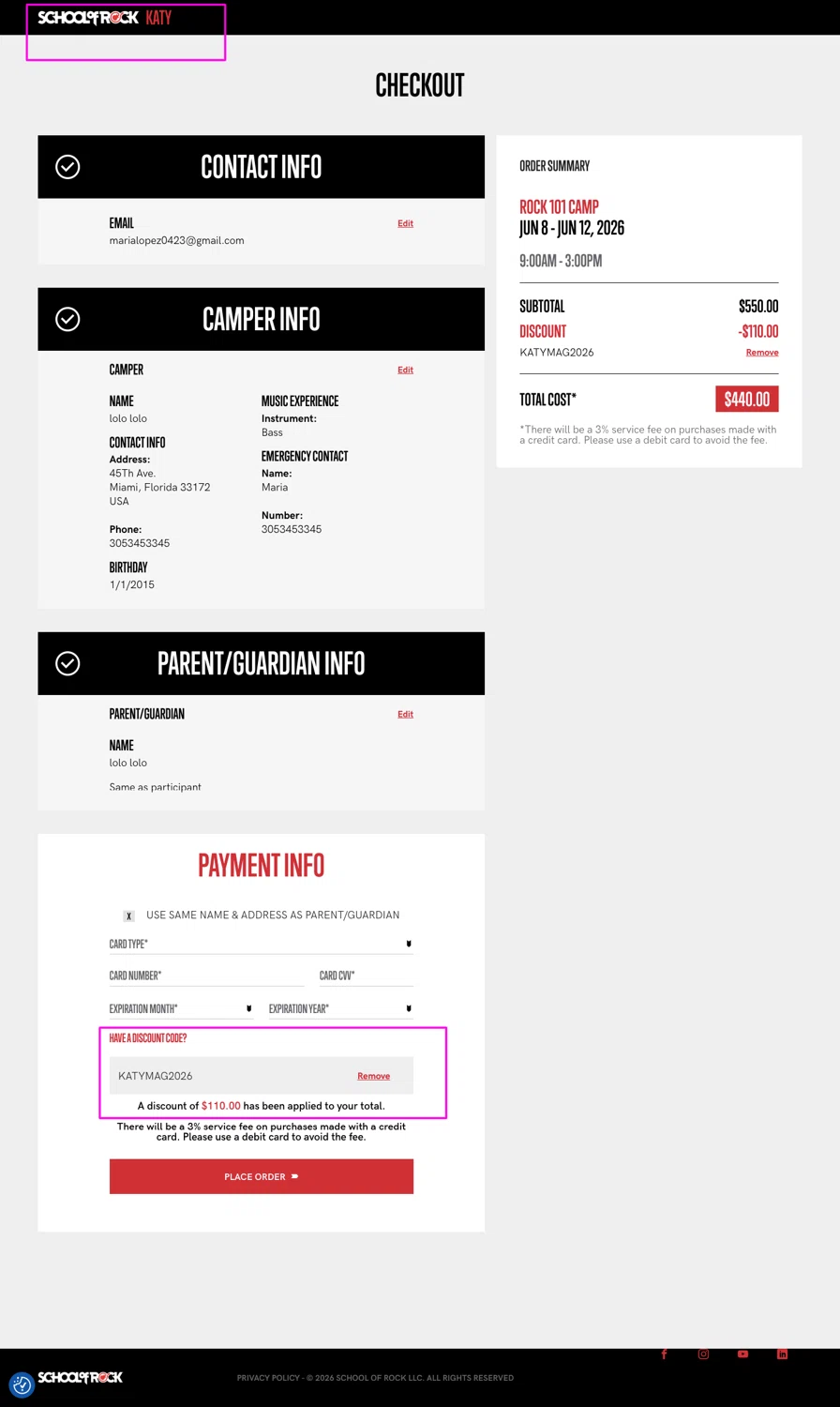 School of Rock promo code screenshot showing code KATYMAG2026 applied at School of Rock checkout page. Uploaded by SimplyCodes community member chandlerbing on Jun 8, 2026