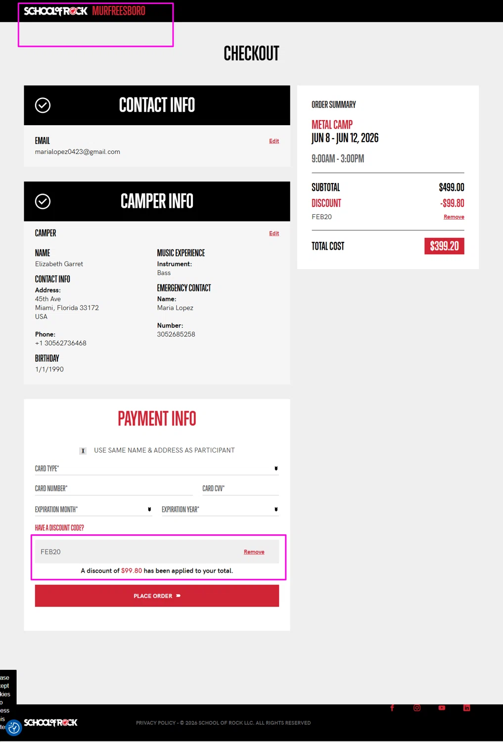 School of Rock discount code screenshot showing code FEB20 applied at School of Rock checkout page. Uploaded by SimplyCodes community member mrdarcy on Feb 10, 2026