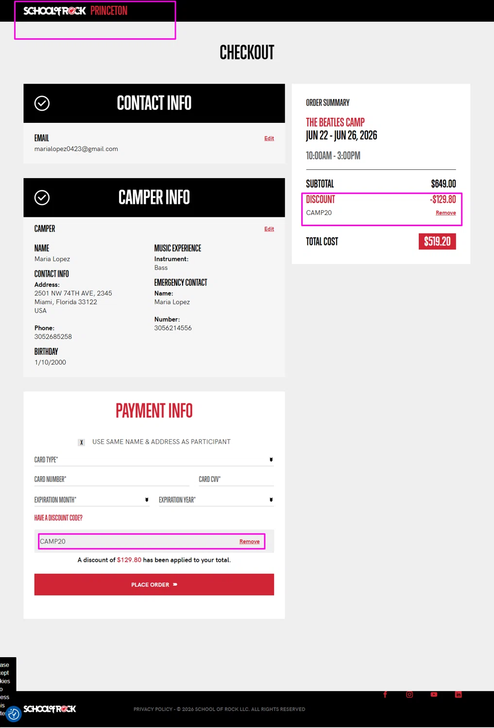 School of Rock discount code screenshot showing code CAMP20 applied at School of Rock checkout page. Uploaded by SimplyCodes community member mrdarcy on Jan 28, 2026