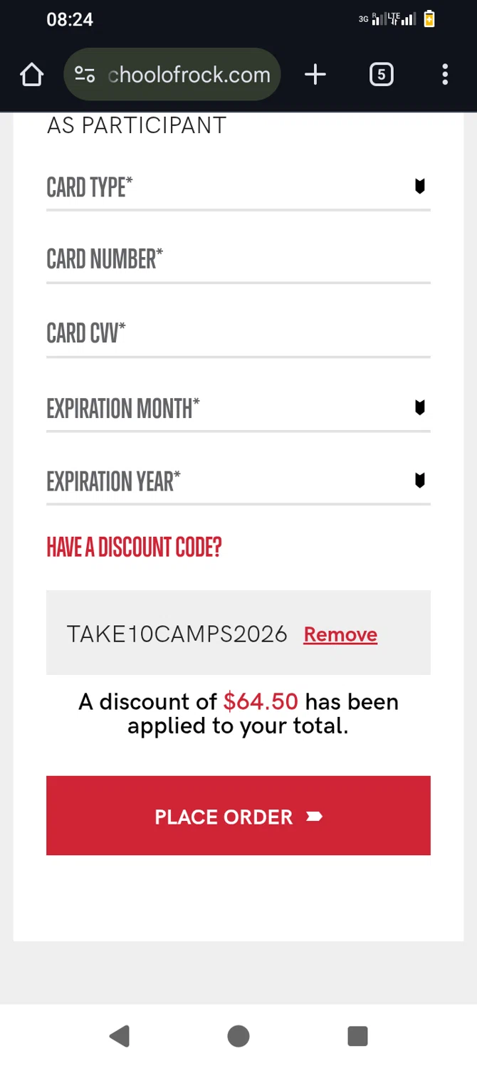 School of Rock discount code screenshot showing code TAKE10CAMPS2026 applied at School of Rock checkout page. Uploaded by SimplyCodes community member mrdarcy on Feb 8, 2026