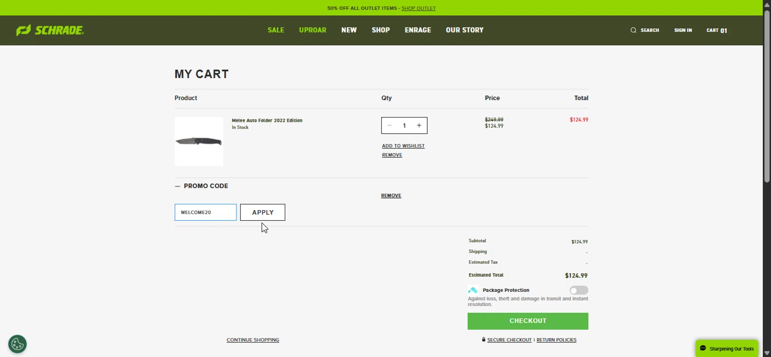 Schrade promo code screenshot showing code WELCOME20 applied at Schrade checkout page. Uploaded by SimplyCodes community member Bendito on Oct 18, 2025