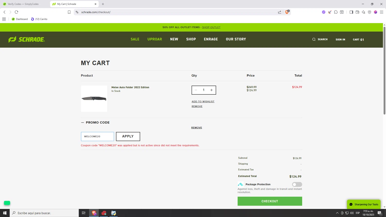 Schrade promo code screenshot showing code WELCOME20 applied at Schrade checkout page. Uploaded by SimplyCodes community member Nezukooo on Oct 18, 2025