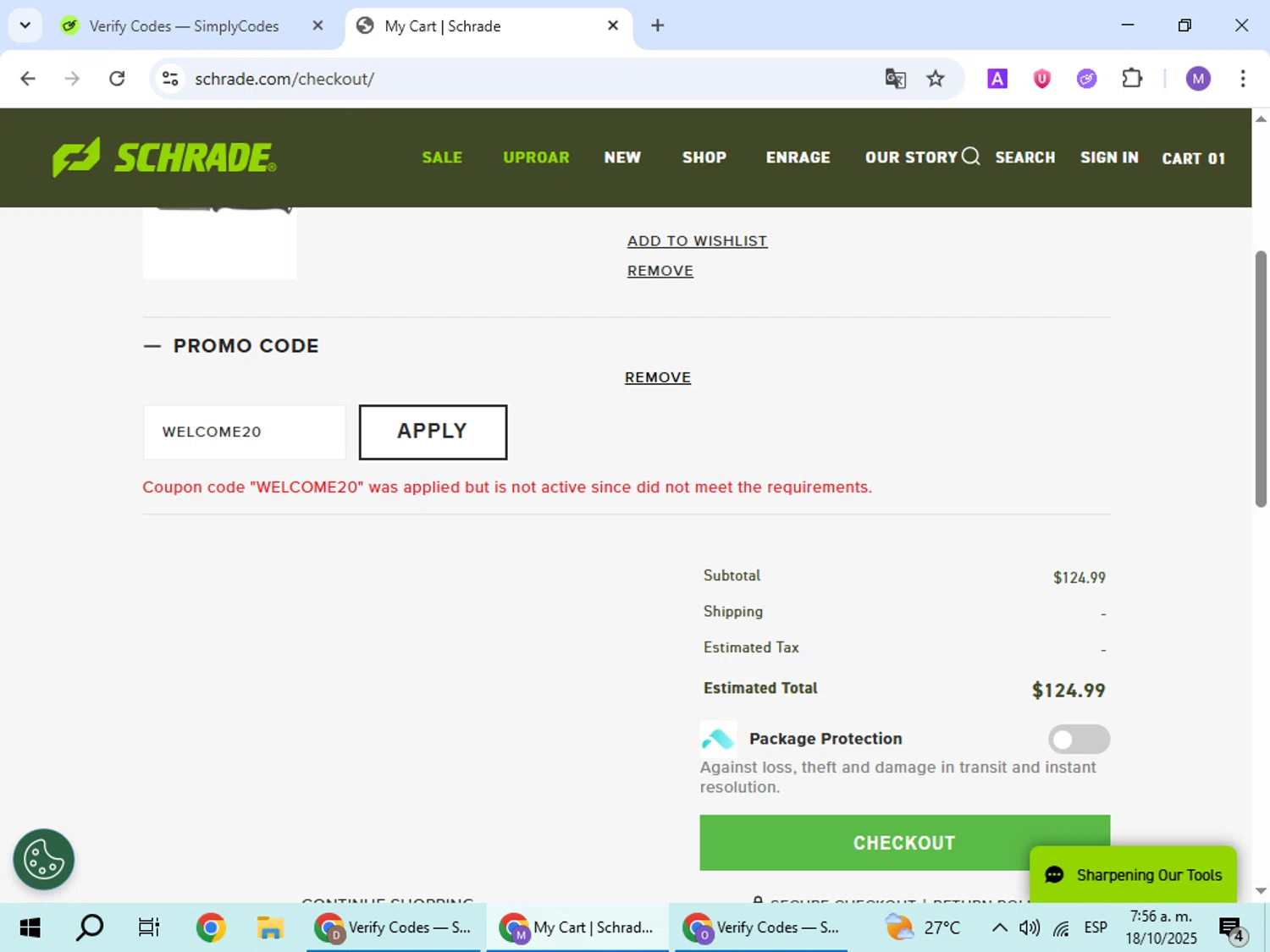 Schrade promo code screenshot showing code WELCOME20 applied at Schrade checkout page. Uploaded by SimplyCodes community member VoucherScout6115 on Oct 18, 2025
