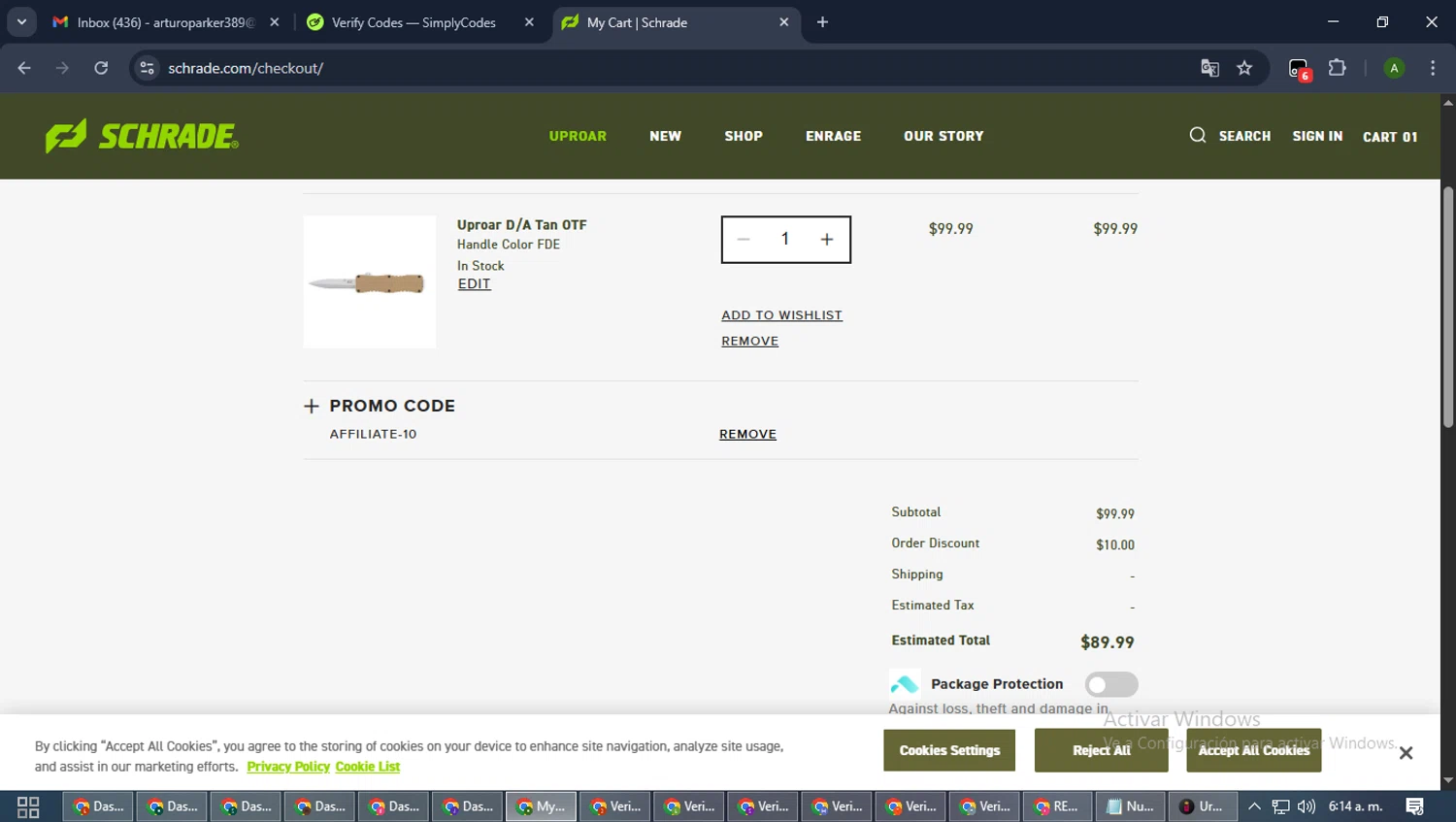 Schrade checkout page showing Schrade promo code box | Screenshot taken by SimplyCodes community member on Jan 9, 2026