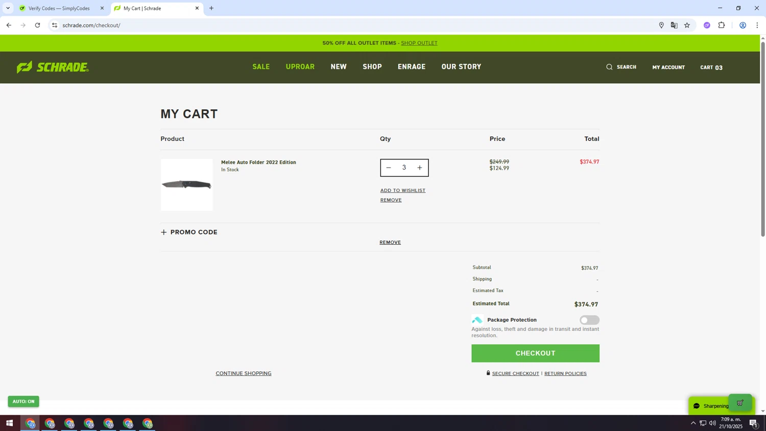 Schrade promo code screenshot showing code kbl1527 applied at Schrade checkout page. Uploaded by SimplyCodes community member INSECTOS on Oct 21, 2025