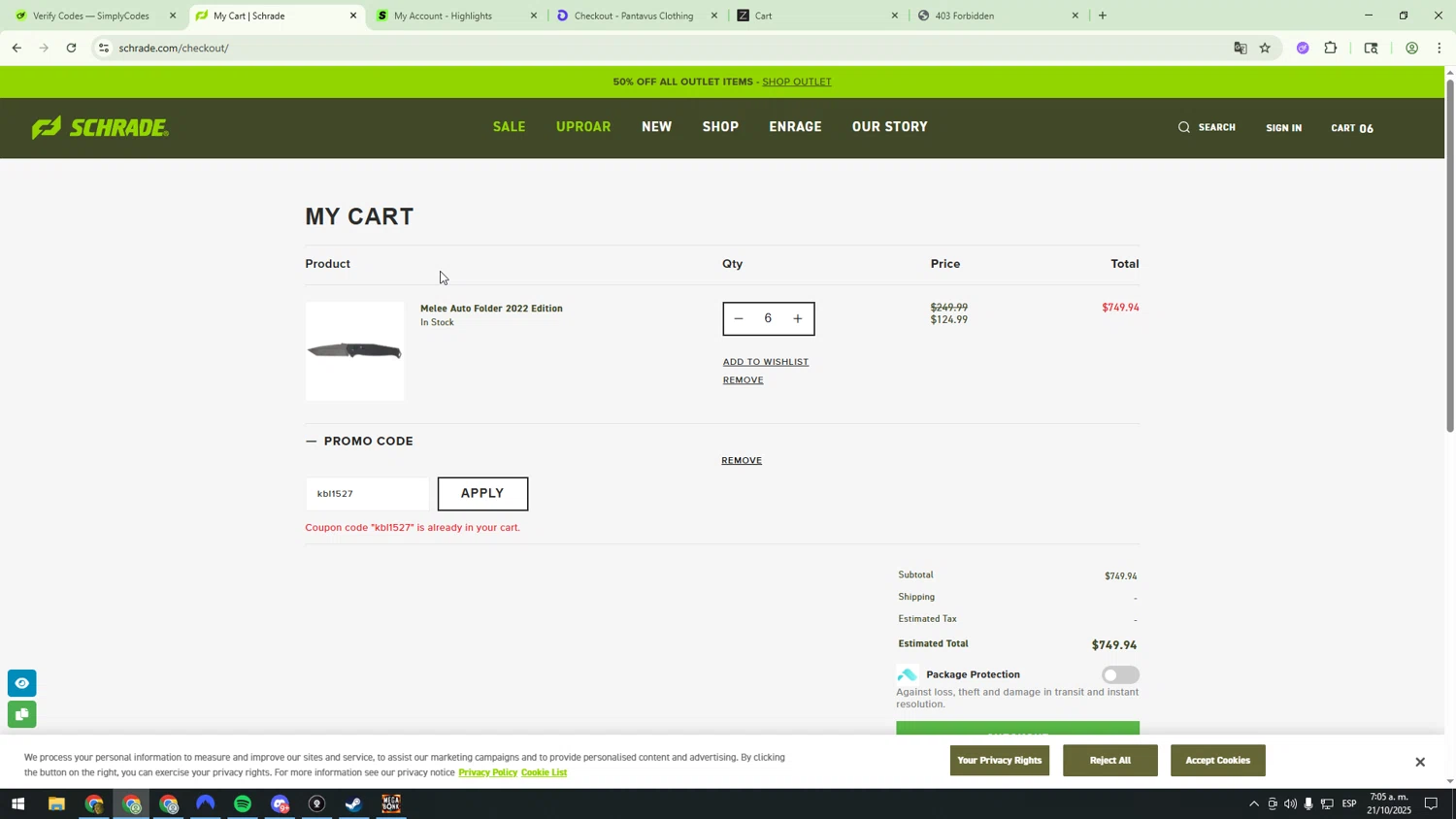 Schrade promo code screenshot showing code kbl1527 applied at Schrade checkout page. Uploaded by SimplyCodes community member sfdfgdsfgdfgdfg on Oct 21, 2025