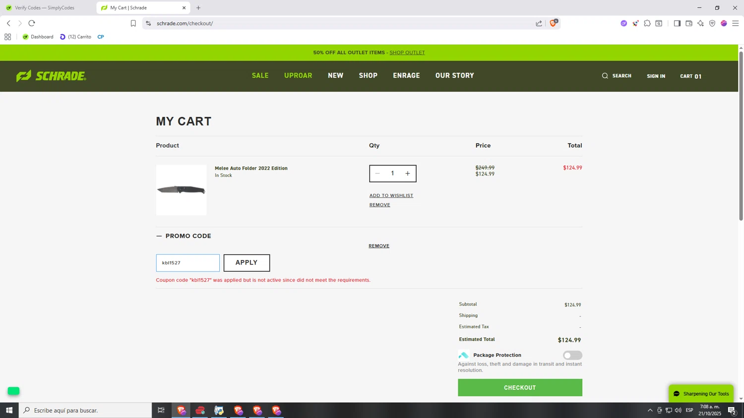 Schrade promo code screenshot showing code kbl1527 applied at Schrade checkout page. Uploaded by SimplyCodes community member Nezukooo on Oct 21, 2025