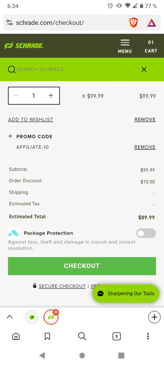Schrade promo code screenshot showing code 4wd10 applied at Schrade checkout page. Uploaded by SimplyCodes community member victor on Aug 13, 2025
