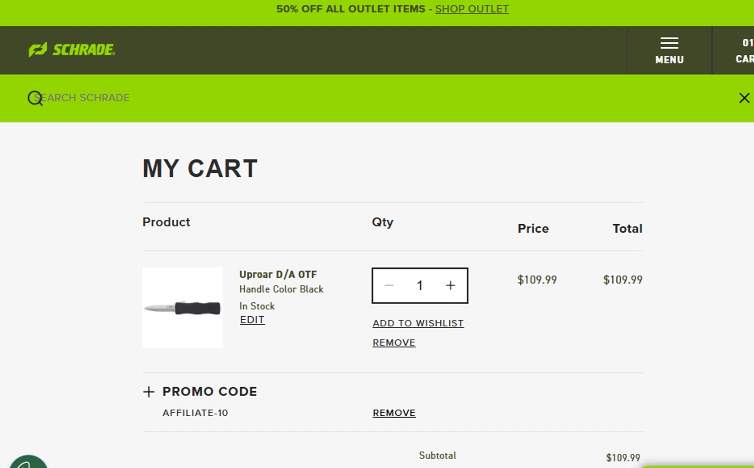 Schrade promo code screenshot showing code 4wd10 applied at Schrade checkout page. Uploaded by SimplyCodes community member ashe1986 on Jul 15, 2025