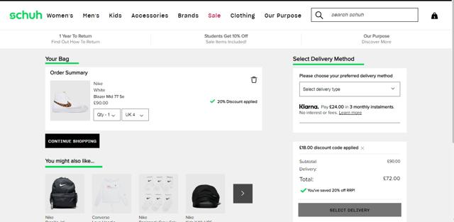 Schuh checkout page showing Schuh promo code box | Screenshot taken by SimplyCodes community member on Mar 19, 2021