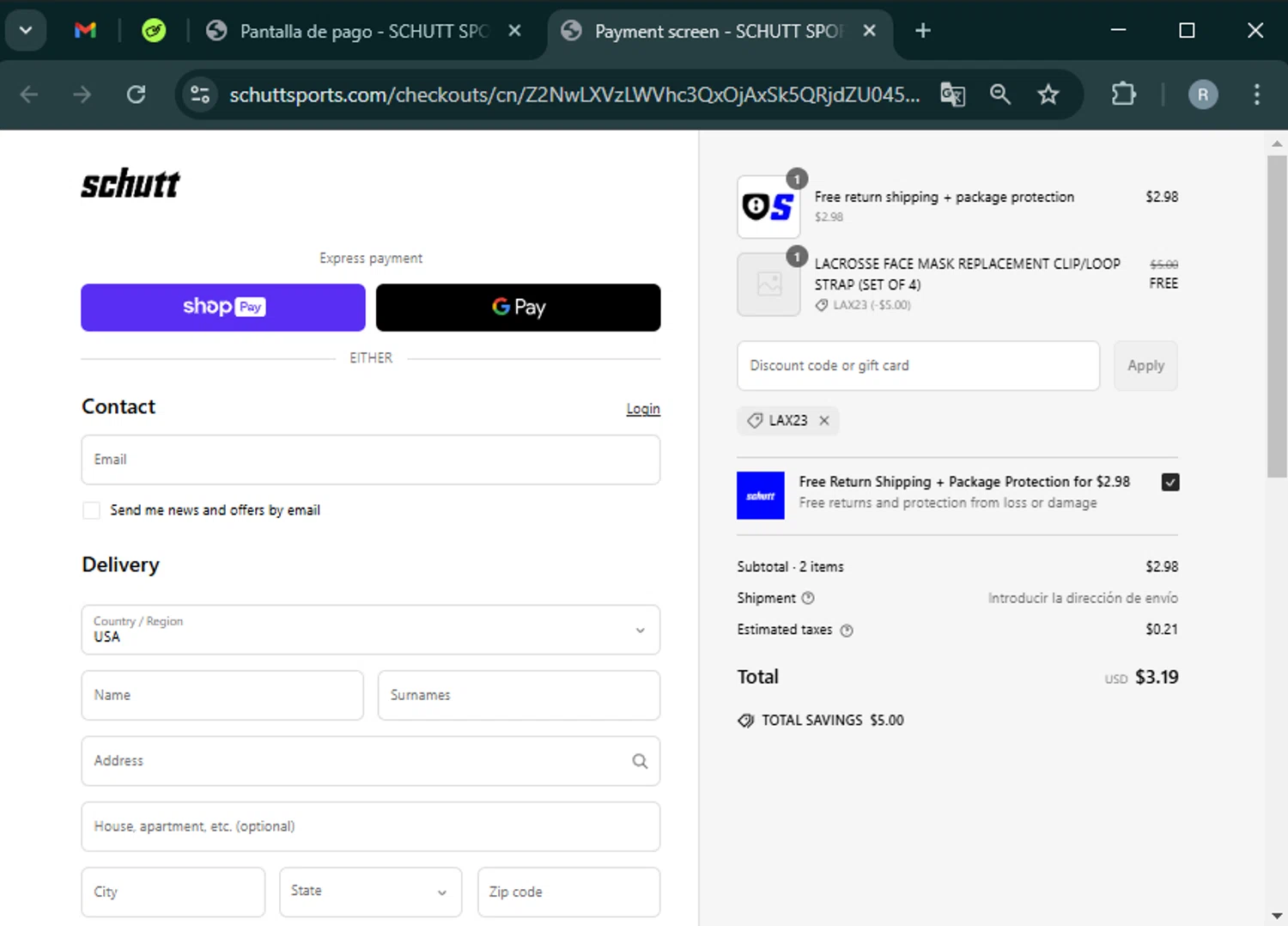 Schutt Sports promo code screenshot showing code LAX23 applied at Schutt Sports checkout page. Uploaded by SimplyCodes community member PrimeWhiz5416 on Mar 6, 2025