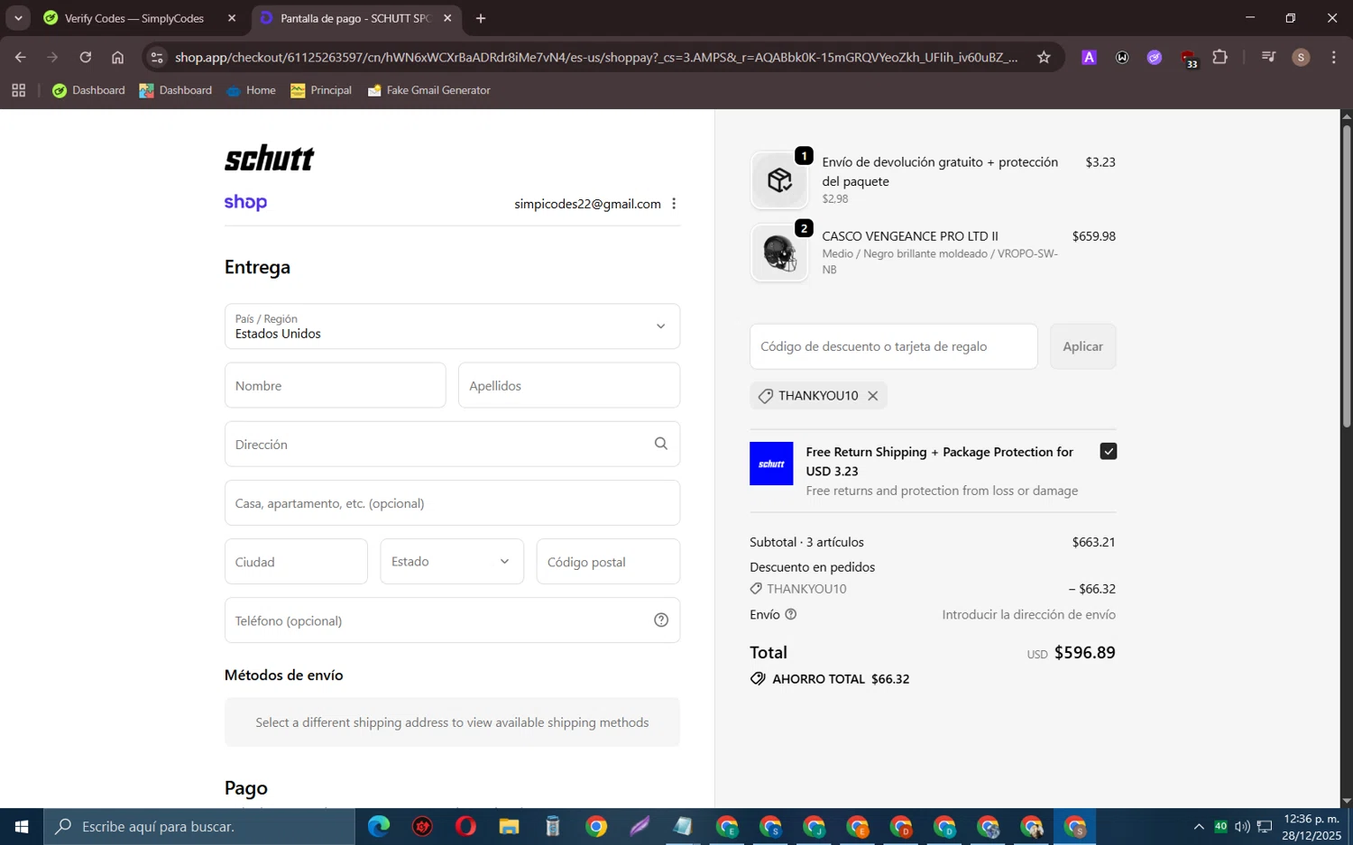 Schutt Sports promo code screenshot showing code THANKYOU10 applied at Schutt Sports checkout page. Uploaded by SimplyCodes community member TreasurePioneer6575 on Dec 28, 2025