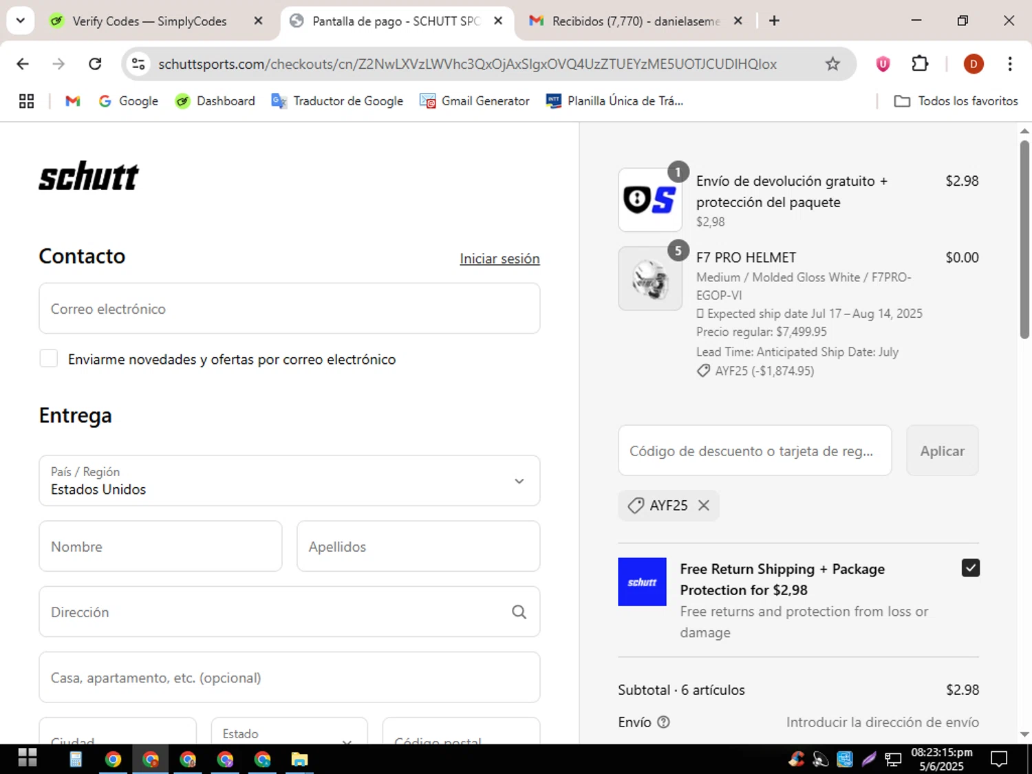 Schutt Sports promo code screenshot showing code Ayf25 applied at Schutt Sports checkout page. Uploaded by SimplyCodes community member GloriousDefender267 on Jun 6, 2025