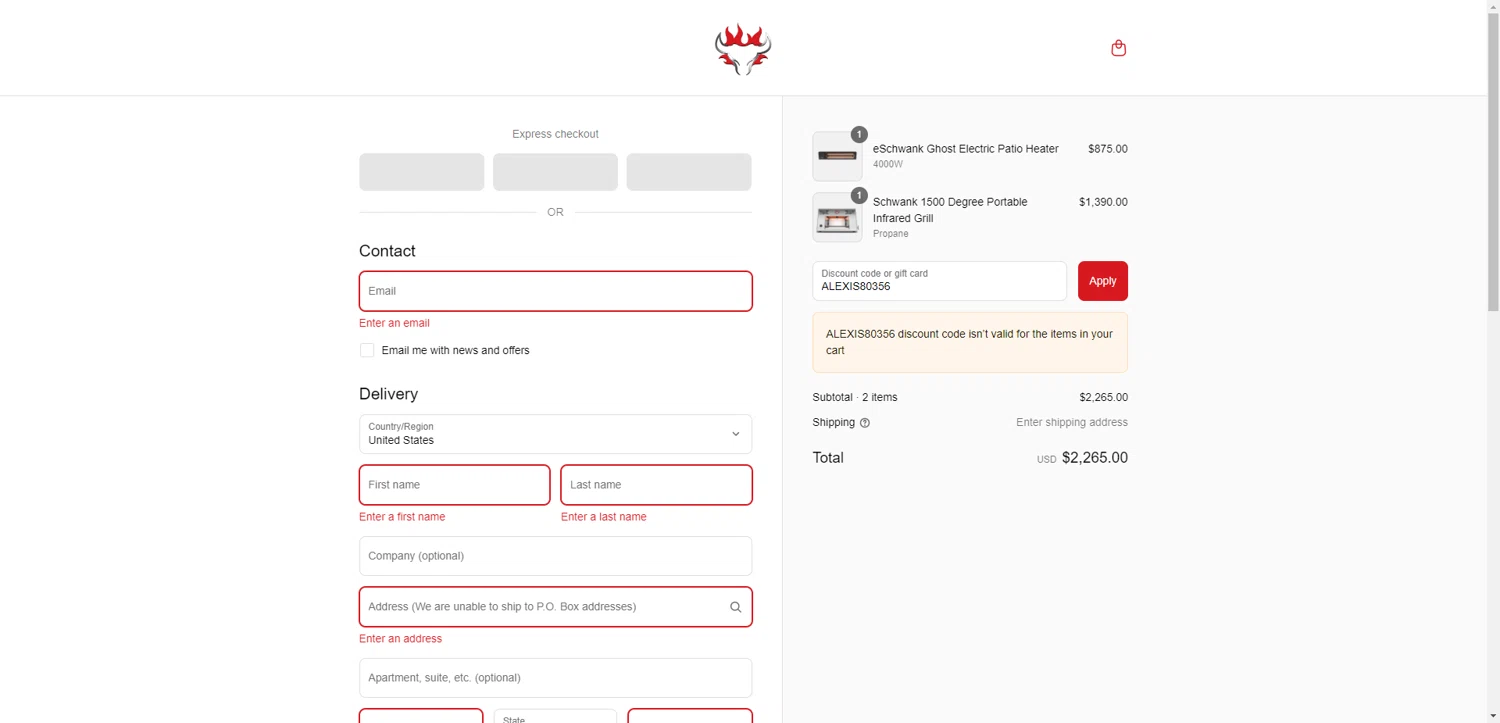 Schwank Grills discount code screenshot showing code ALEXIS80356 applied at Schwank Grills checkout page. Uploaded by SimplyCodes community member CrownWhiz8114 on Jul 17, 2025