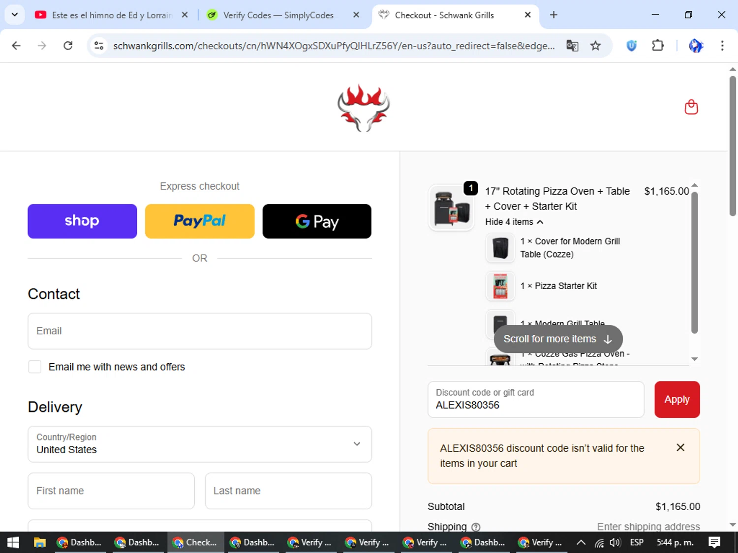 Schwank Grills discount code screenshot showing code ALEXIS80356 applied at Schwank Grills checkout page. Uploaded by SimplyCodes community member WiseHunter8213 on Oct 25, 2025