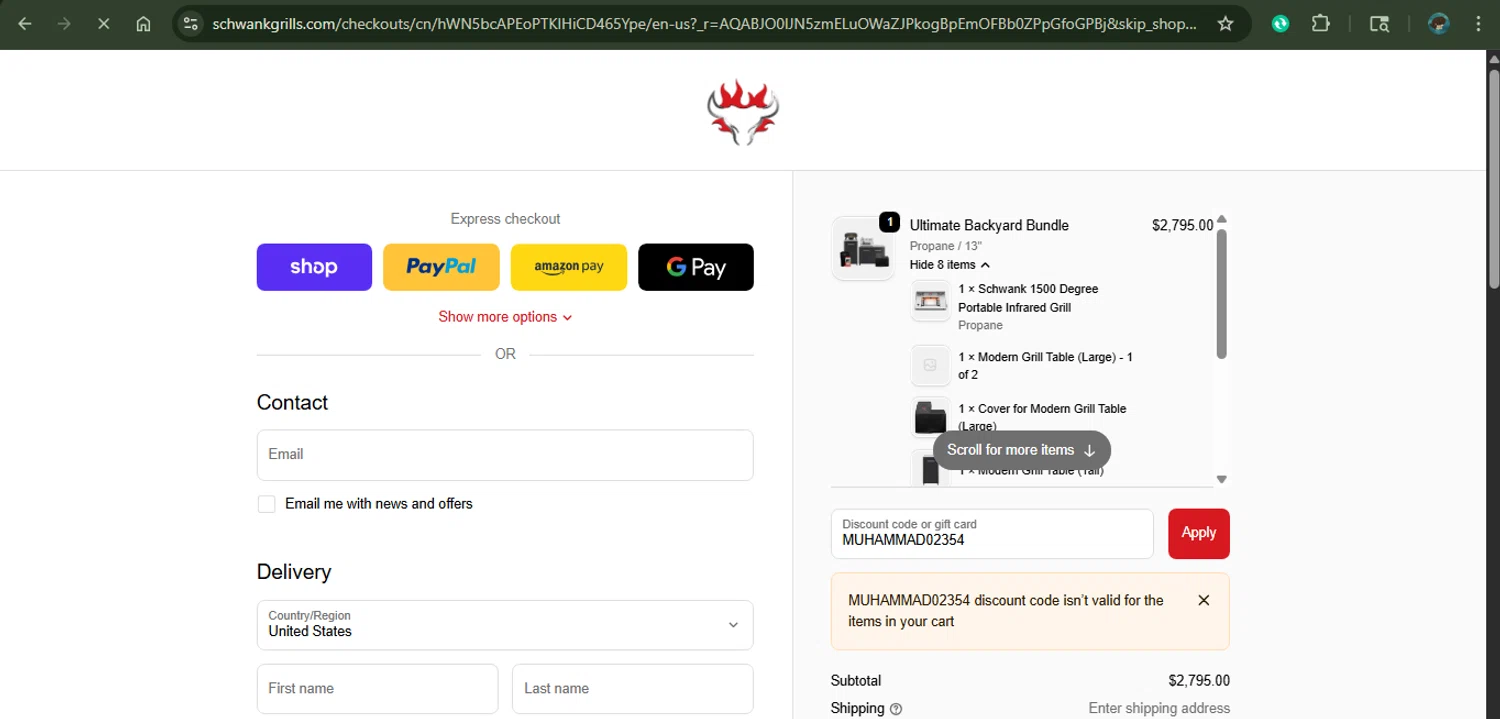 Schwank Grills discount code screenshot showing code MUHAMMAD02354 applied at Schwank Grills checkout page. Uploaded by SimplyCodes community member MariaCorinaMachado on Nov 23, 2025