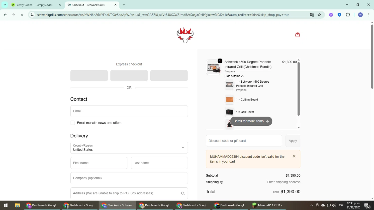 Schwank Grills discount code screenshot showing code MUHAMMAD02354 applied at Schwank Grills checkout page. Uploaded by SimplyCodes community member QuestDefender2661 on Dec 21, 2025