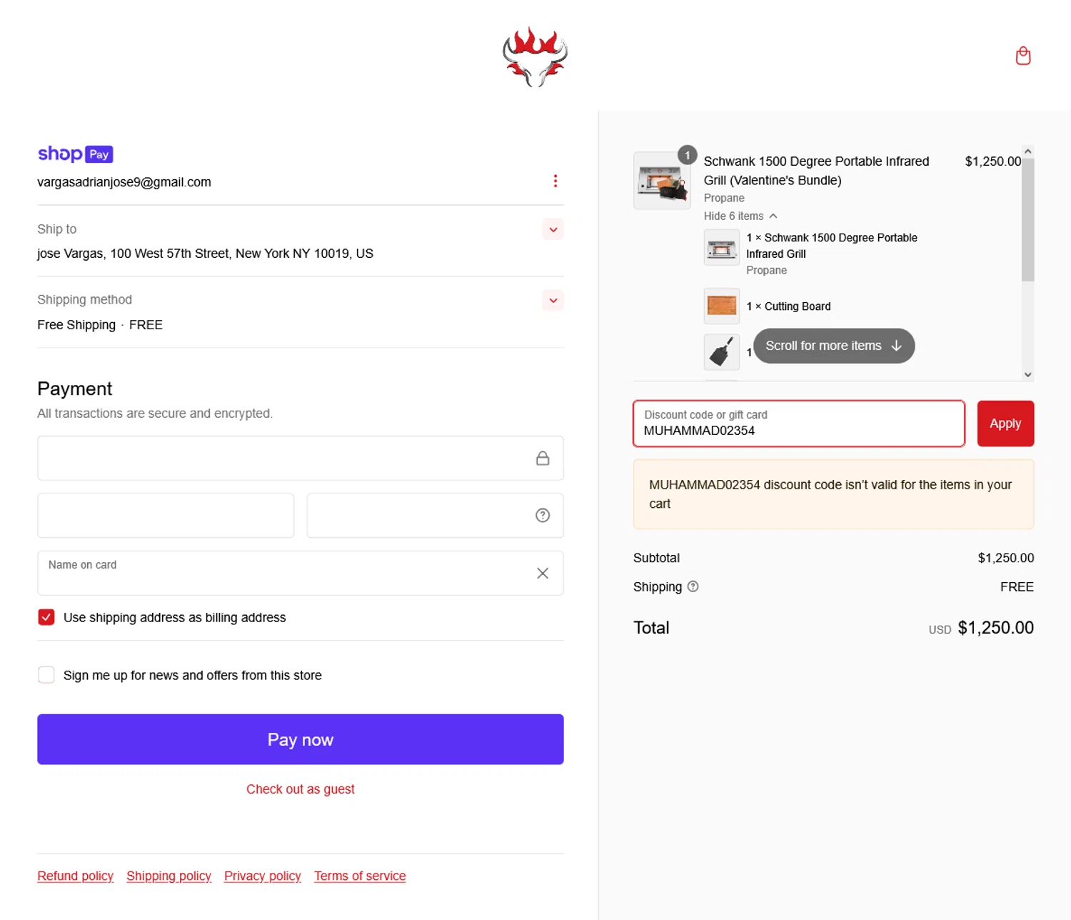 Schwank Grills discount code screenshot showing code MUHAMMAD02354 applied at Schwank Grills checkout page. Uploaded by SimplyCodes community member WladimirV on Feb 19, 2025