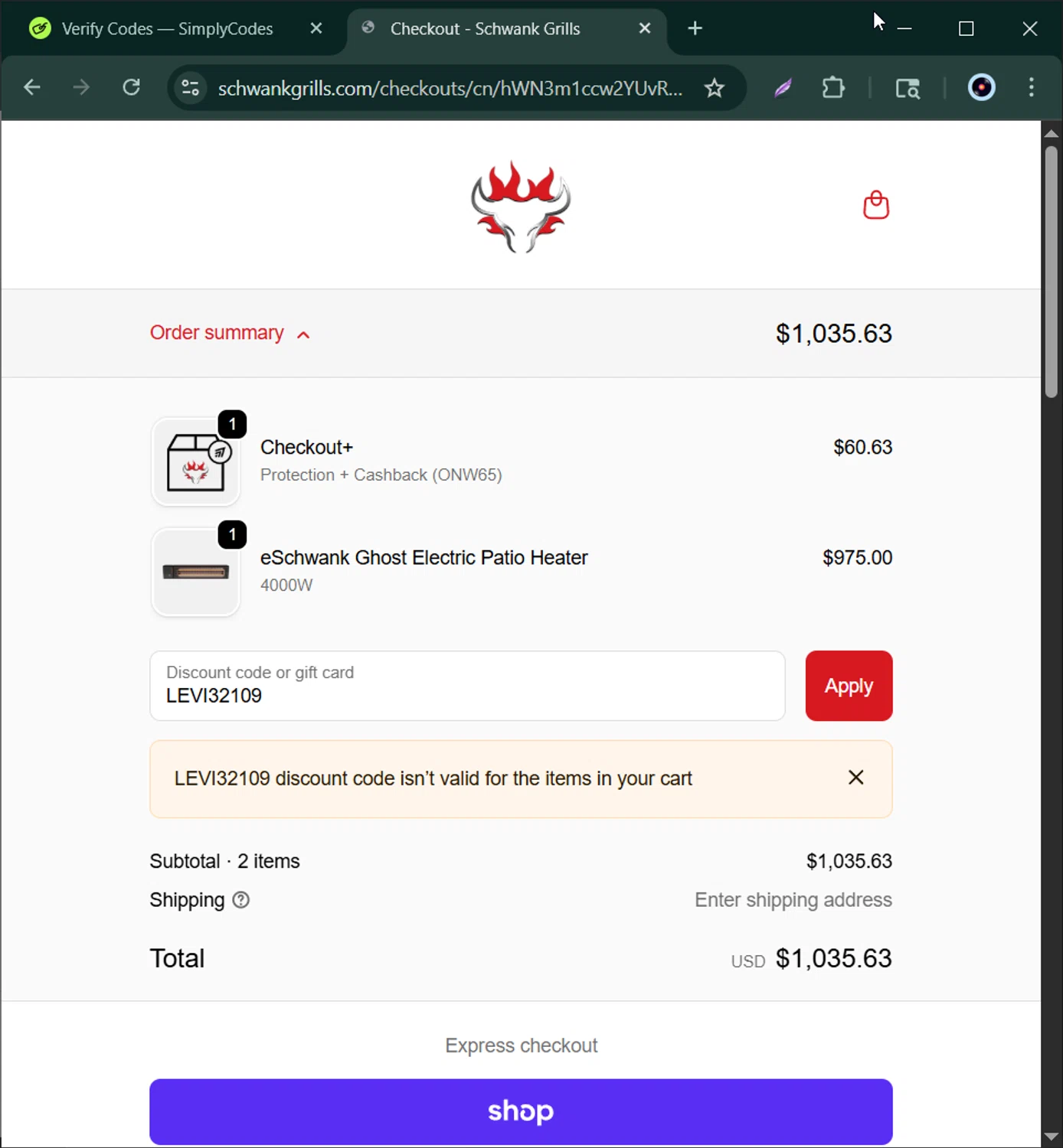 Schwank Grills discount code screenshot showing code LEVI32109 applied at Schwank Grills checkout page. Uploaded by SimplyCodes community member Bernard_Lowe on Oct 5, 2025