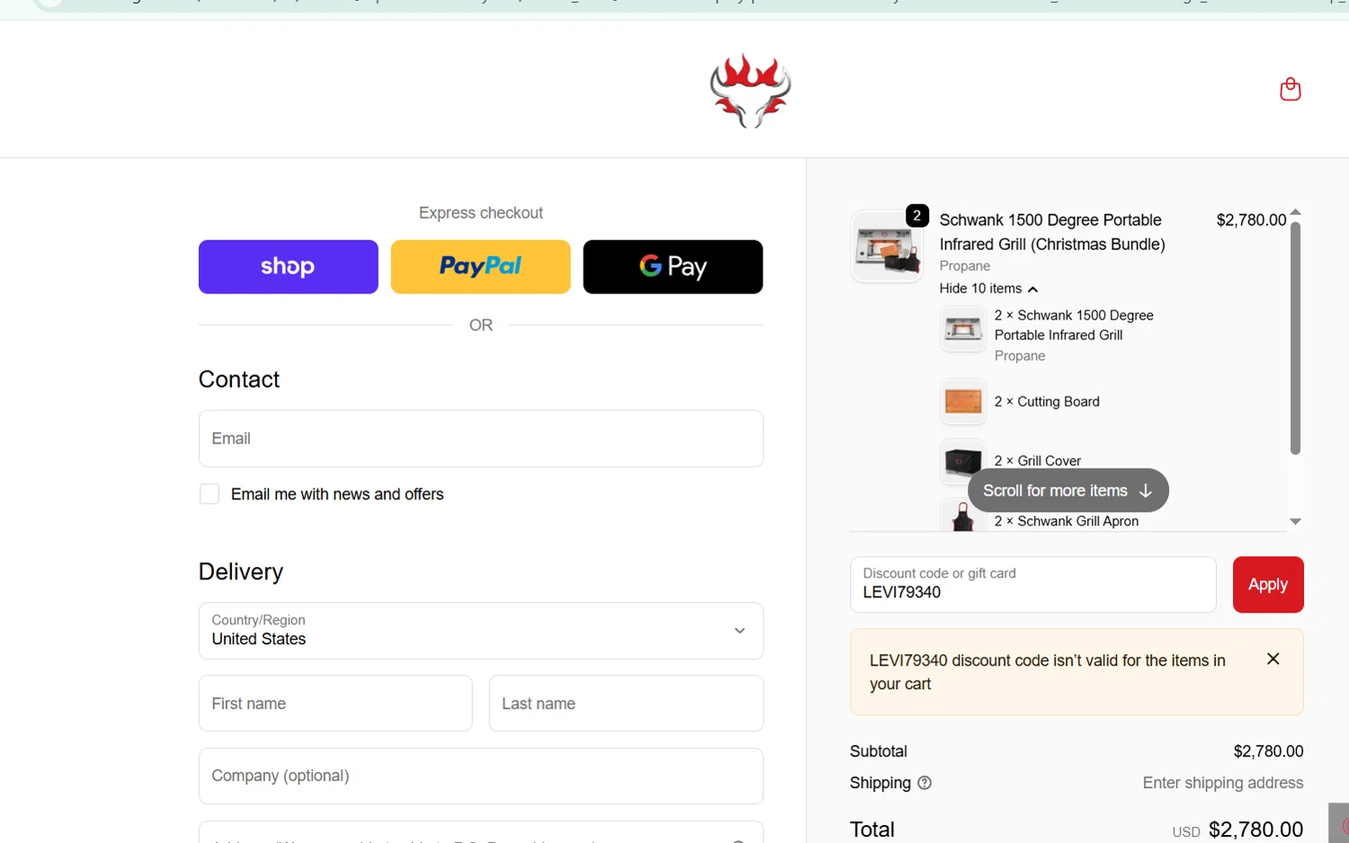Schwank Grills discount code screenshot showing code LEVI79340 applied at Schwank Grills checkout page. Uploaded by SimplyCodes community member Selesbarbera24 on Dec 14, 2025