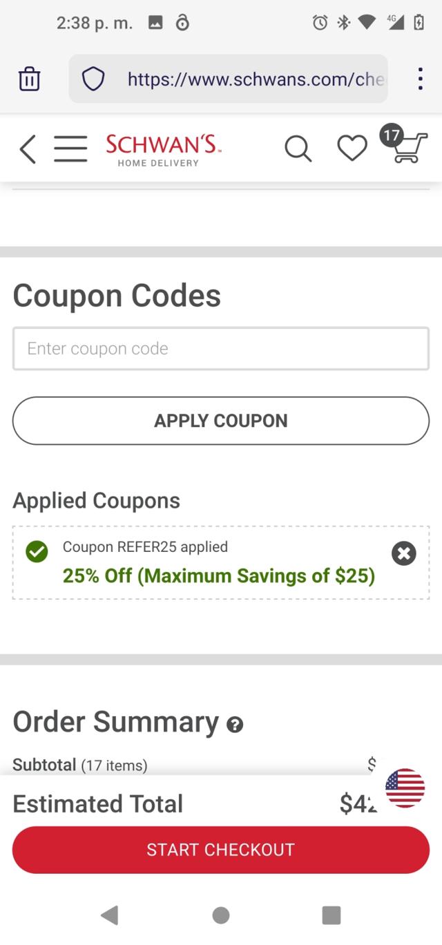 Schwan's checkout page showing Schwan's coupon code box | Screenshot taken by SimplyCodes community member on Aug 14, 2023