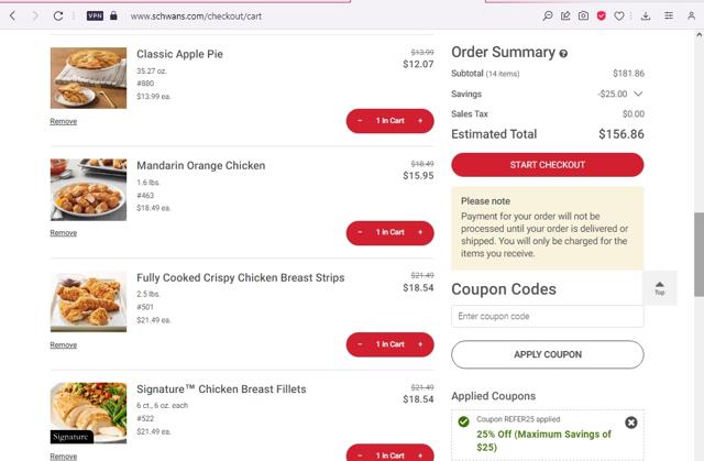 Schwan's checkout page showing Schwan's coupon code box | Screenshot taken by SimplyCodes community member on Jul 30, 2023