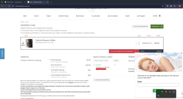 Schweitzer Linen checkout page showing Schweitzer Linen coupon code box | Screenshot taken by SimplyCodes community member on Aug 23, 2025