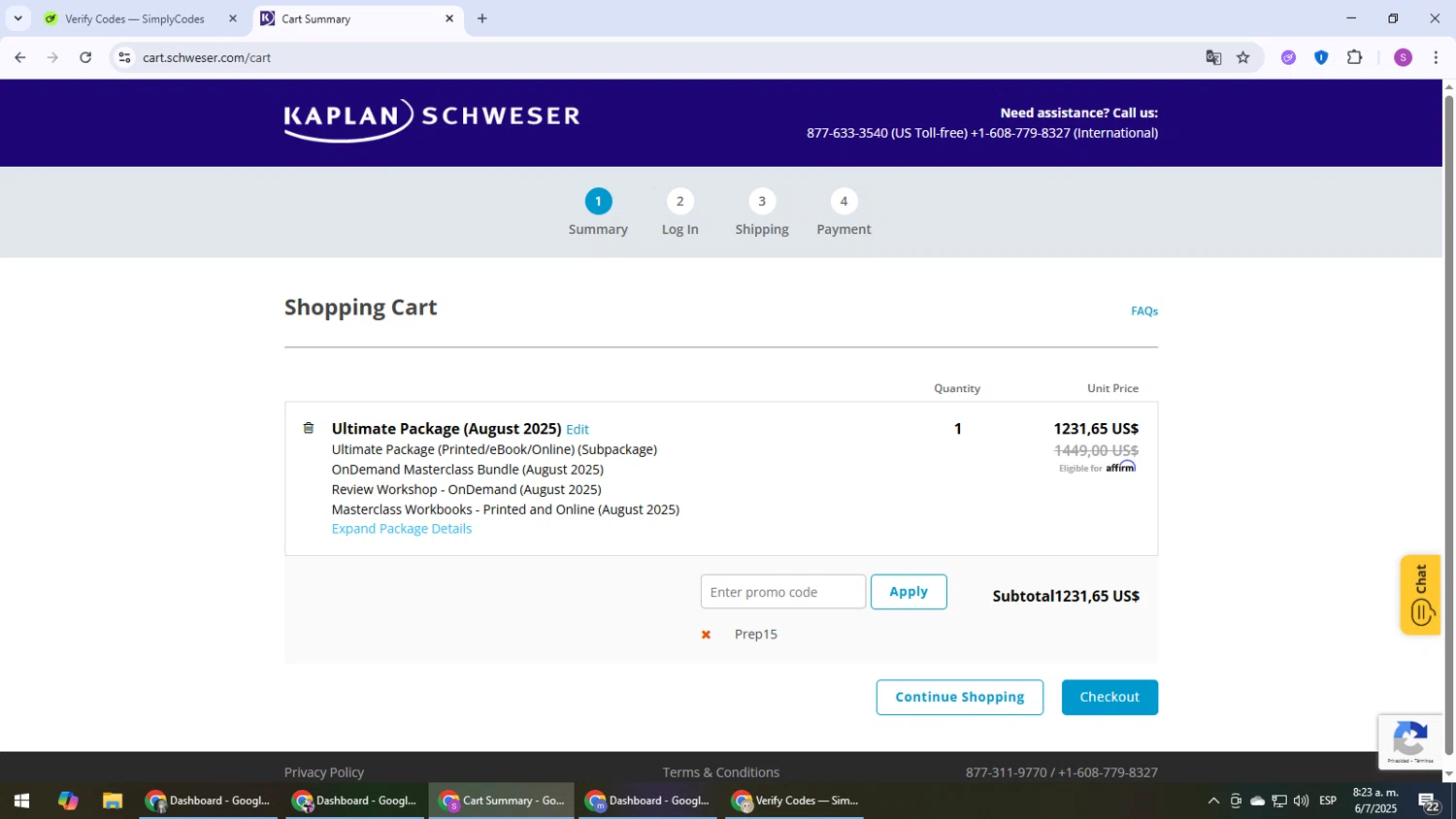 Schweser discount code screenshot showing code prep15 applied at Schweser checkout page. Uploaded by SimplyCodes community member Son_Goku on Jul 6, 2025