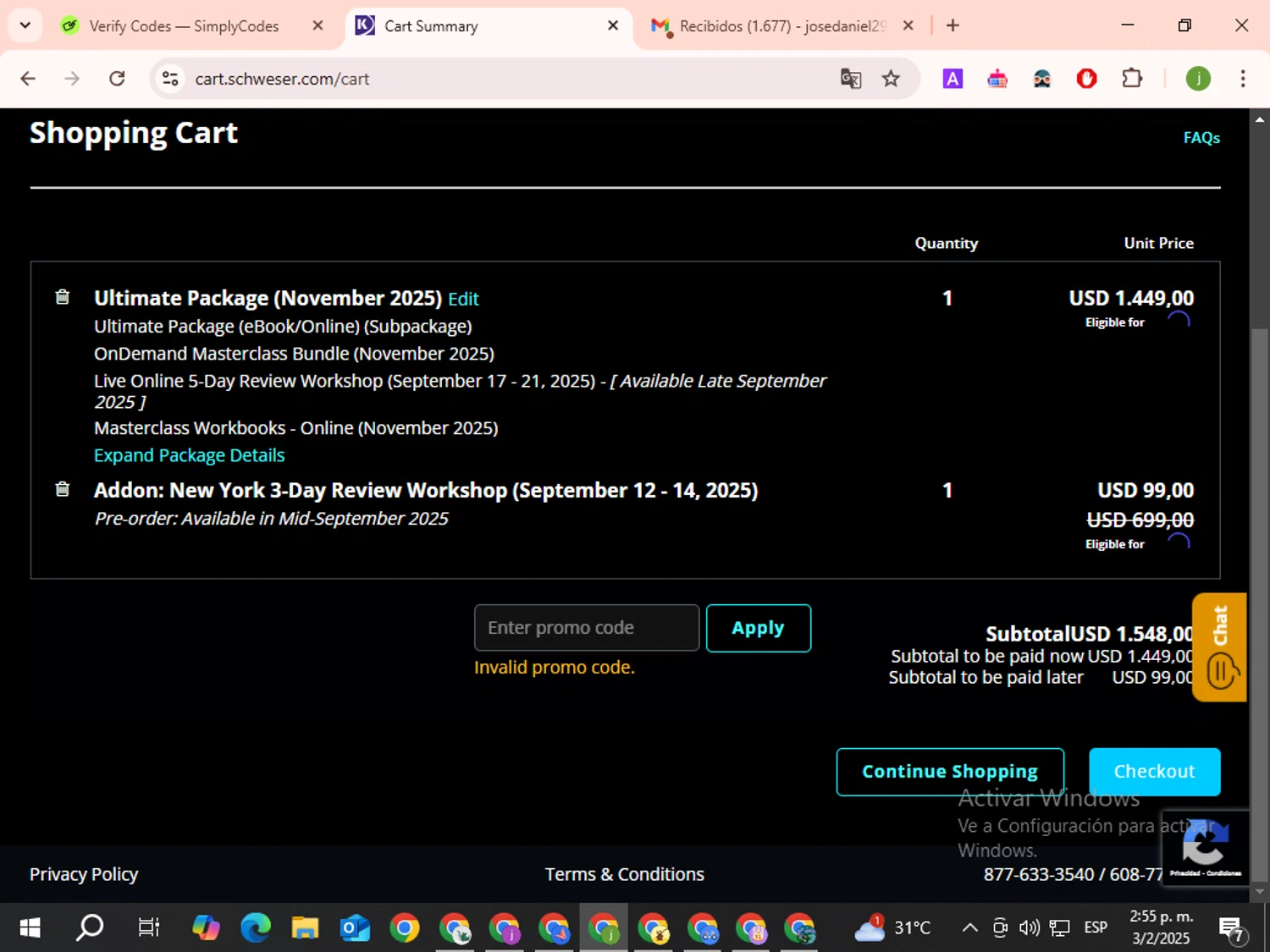 Schweser discount code screenshot showing code CAIAStack applied at Schweser checkout page. Uploaded by SimplyCodes community member BonusElite3722 on Feb 3, 2025