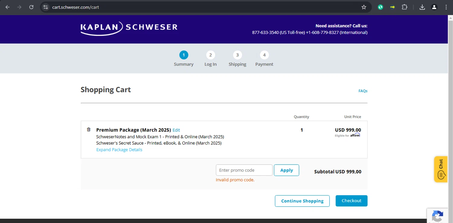 Schweser discount code screenshot showing code CAIAStack applied at Schweser checkout page. Uploaded by SimplyCodes community member xaswqe on Feb 3, 2025
